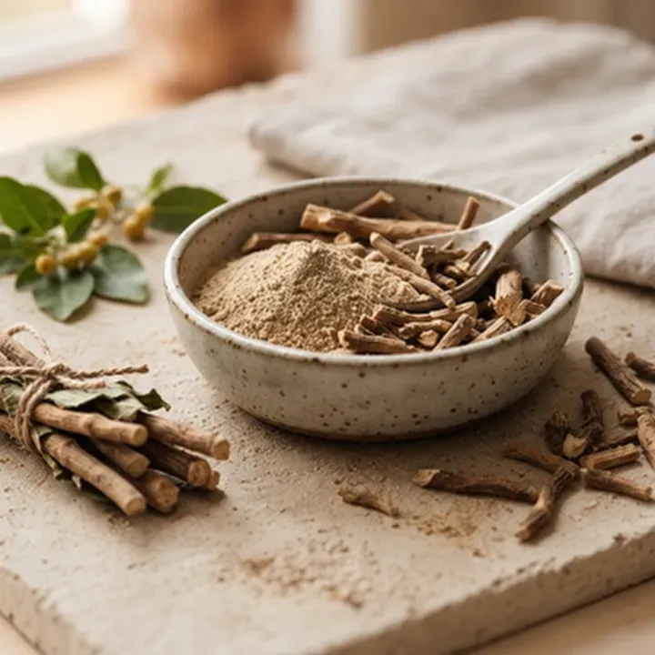Schale mit Ashwagandha-Wurzelpulver und Wurzelstücken auf einer Steinplatte