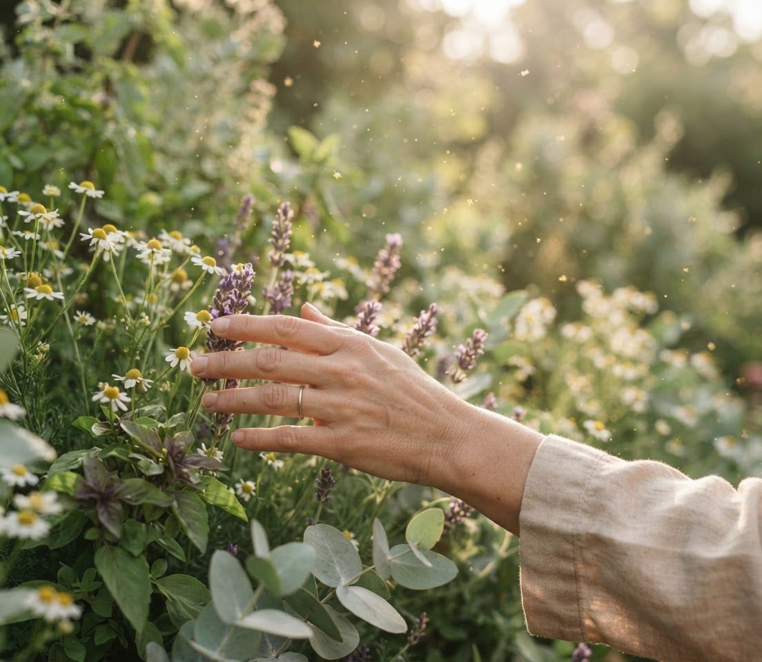 Hand streicht im Garten durch blühende Kräuter und Eukalyptuszweige
