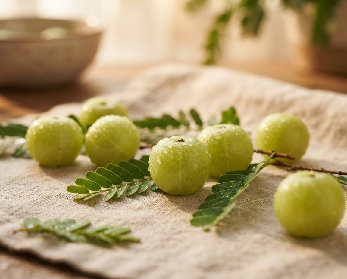 Frische Amla-Früchte mit Blättern auf Leinen
