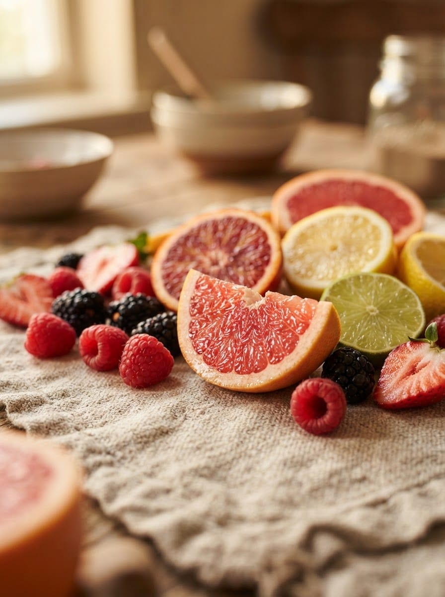Grapefruit, Limette und frische Beeren auf einem Leinentuch