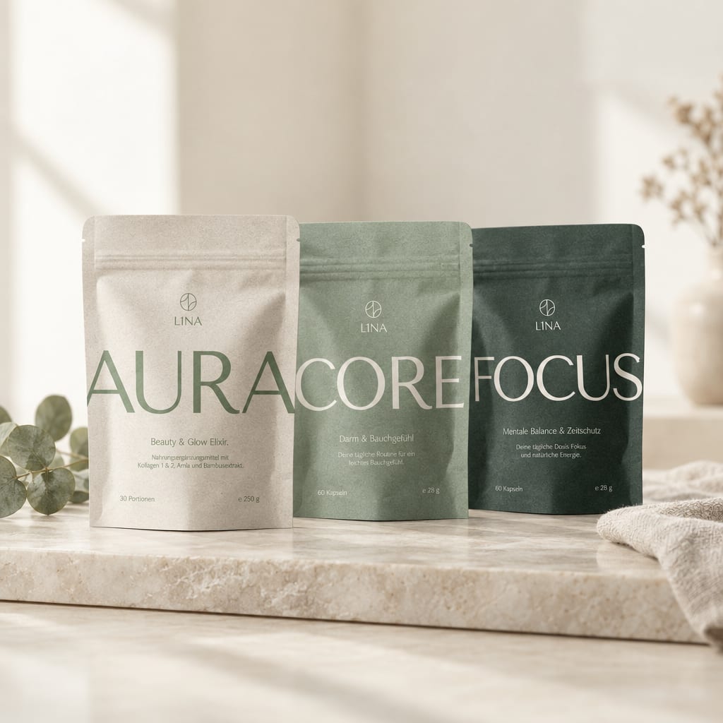 Das L1NA-Set mit den Beuteln AURA, CORE und FOCUS auf einer Marmorplatte im Morgenlicht